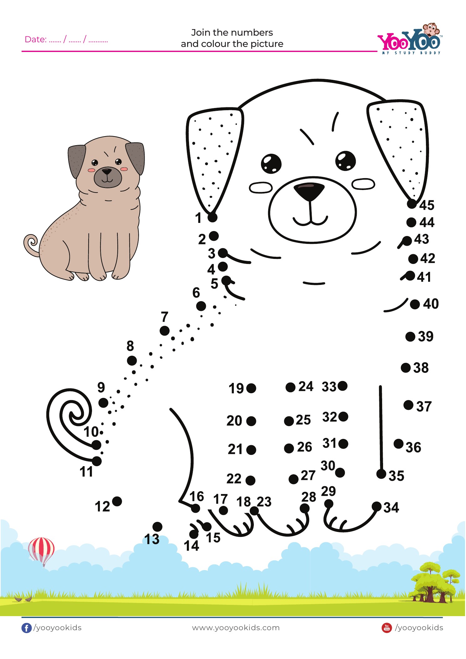 Number joining activity with puppy A4 worksheet sample
