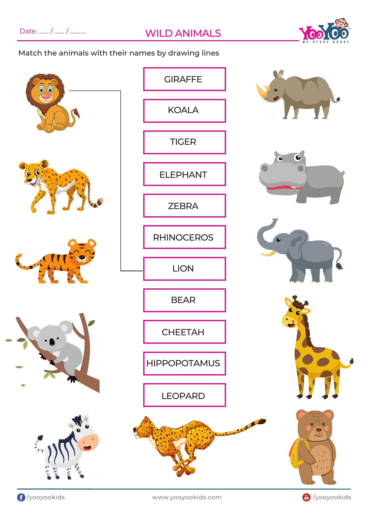 General knowledge wild animals matching A4 worksheet sample