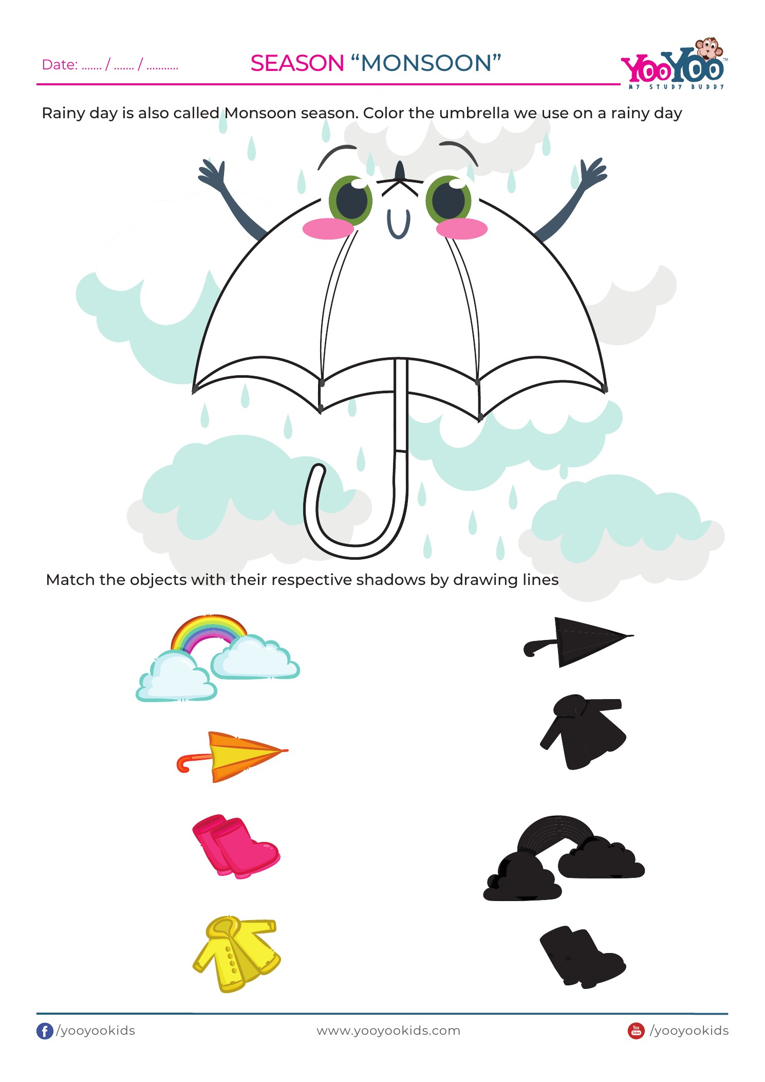 Monsoon season shadow matching A4 worksheet sample