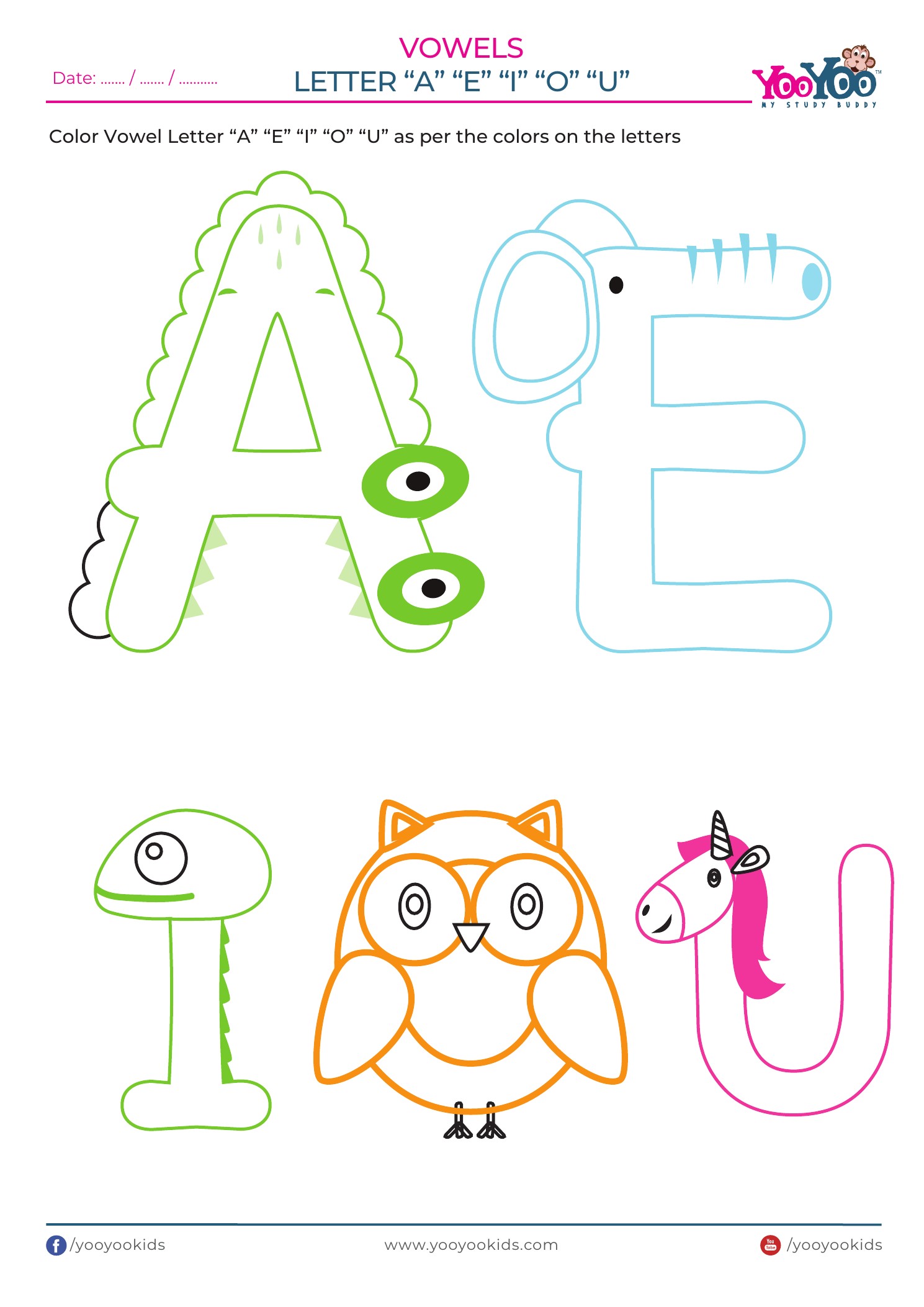 Vowels colouring activity A4 worksheet sample